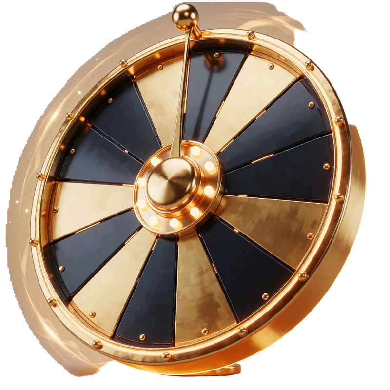 Gyldent lykkehjul med tolv felter i guld og navy og sm&aring; p&aelig;rer langs kanten - Lucky Spins hos JB Casino